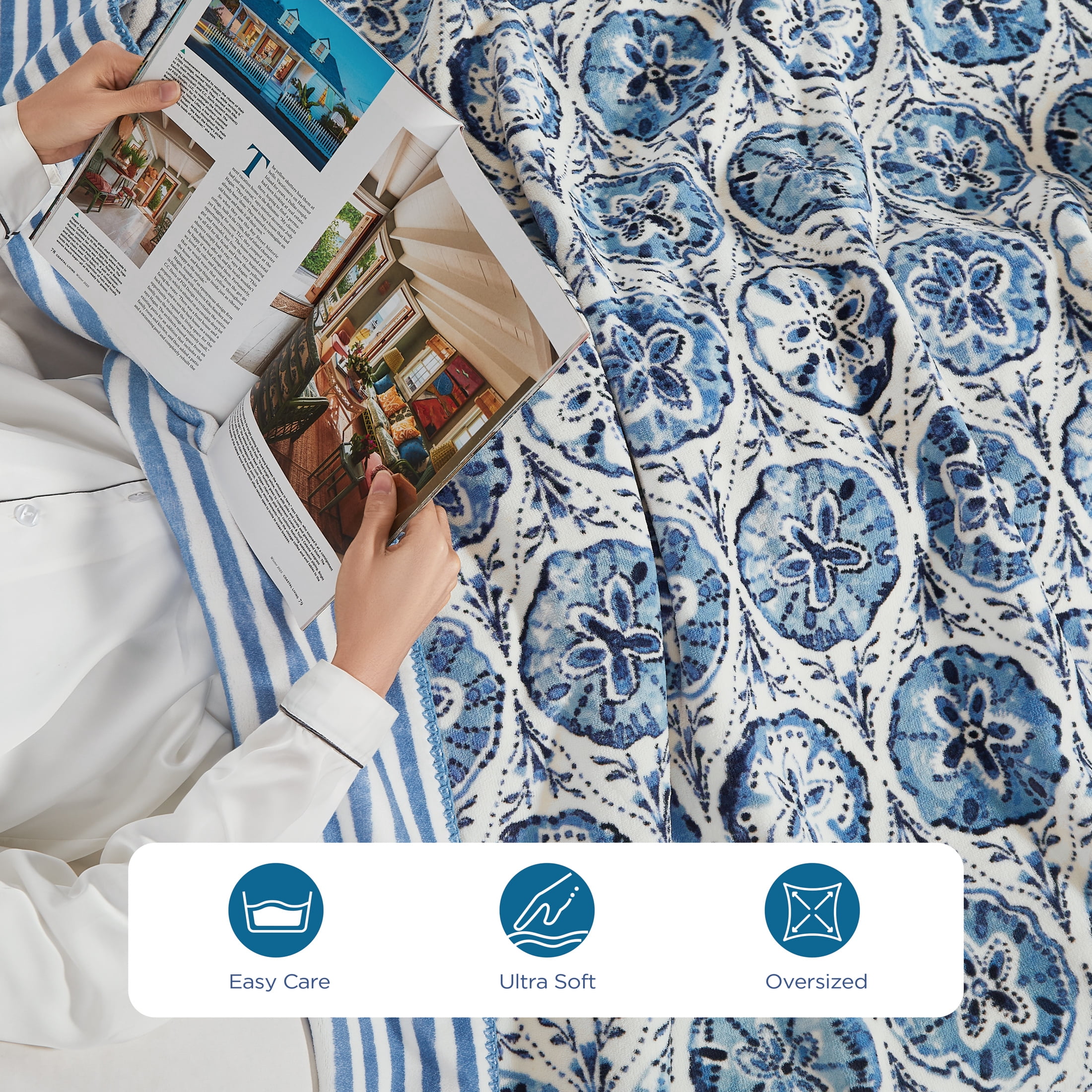 Coastal Living Throw Blanket, Reversible Plush Fleece Blanket for Couch, Blue Sand Dollars, 50" x 72"