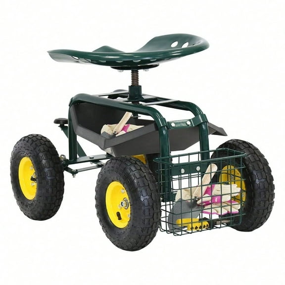 Garden Cart Rolling Wagon Scooter For Planting Swivel Work Seat With Tool Storage Utility Basket