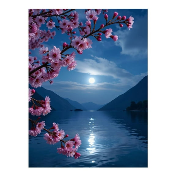 Diamond Art Kit for Adults, Moonlit Cherry Blossom Lake Scene Diamond Painting for Adults Beginners, DIY Diamond Art Painting Kits, 5D Diamond Painting Crafts for Home Decor 12x16 Frameless