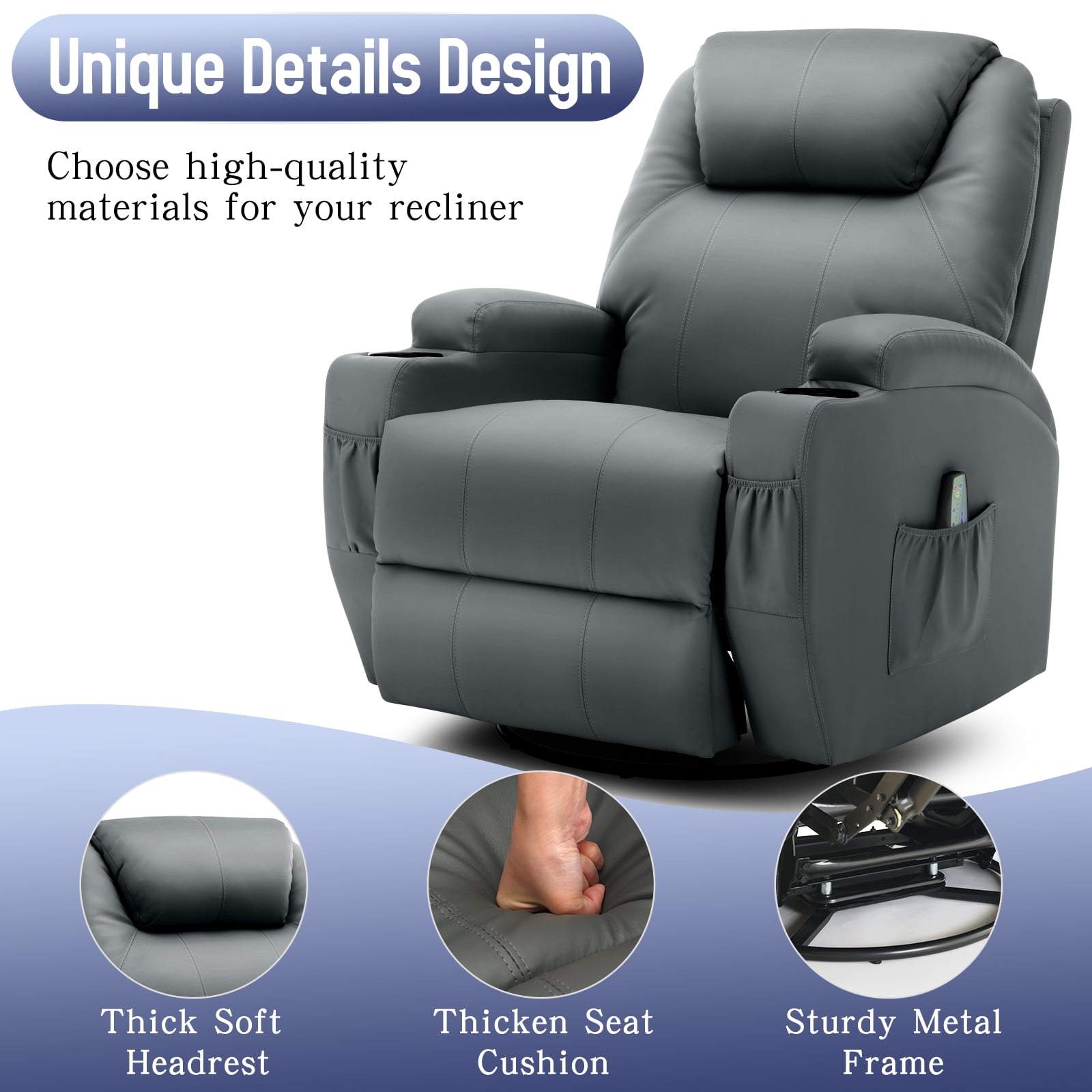 Korser Swivel Rocker Recliner Chair with Massage Faux Leather for Living Room,Grey