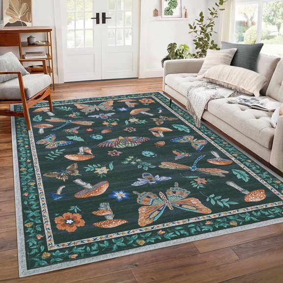 Haperlare 5'x7' Floral Print Accent Rug Machine Washable Rug with Non-Slip Backing, Soft Low Pile Area Rugs Stain-Resistant Indoor Carpet for Living Room Nursery Bedroom Office, Black