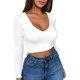 thumbnail image 3 of Camisetas de punto acanaladas ajustadas básicas con cuello cuadrado de manga larga sexy para mujer, 3 of 5