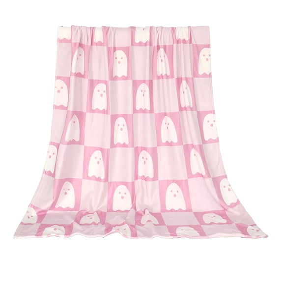 AUQ Halloween Flannel Blanket,30x40" Pink Throw with Ghosts Pumpkins Bats,Soft Fuzzy Cozy for Sofa Bed,Decorative Gift for Halloween