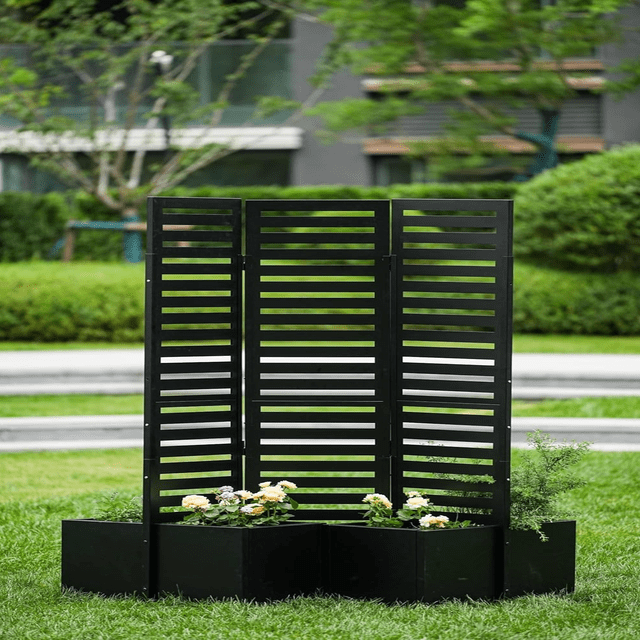 Kojooin 3-Panel Privacy Fence Screen with Planter Boxes, Freestanding Outdoor Divider for Patio, Deck or Backyard