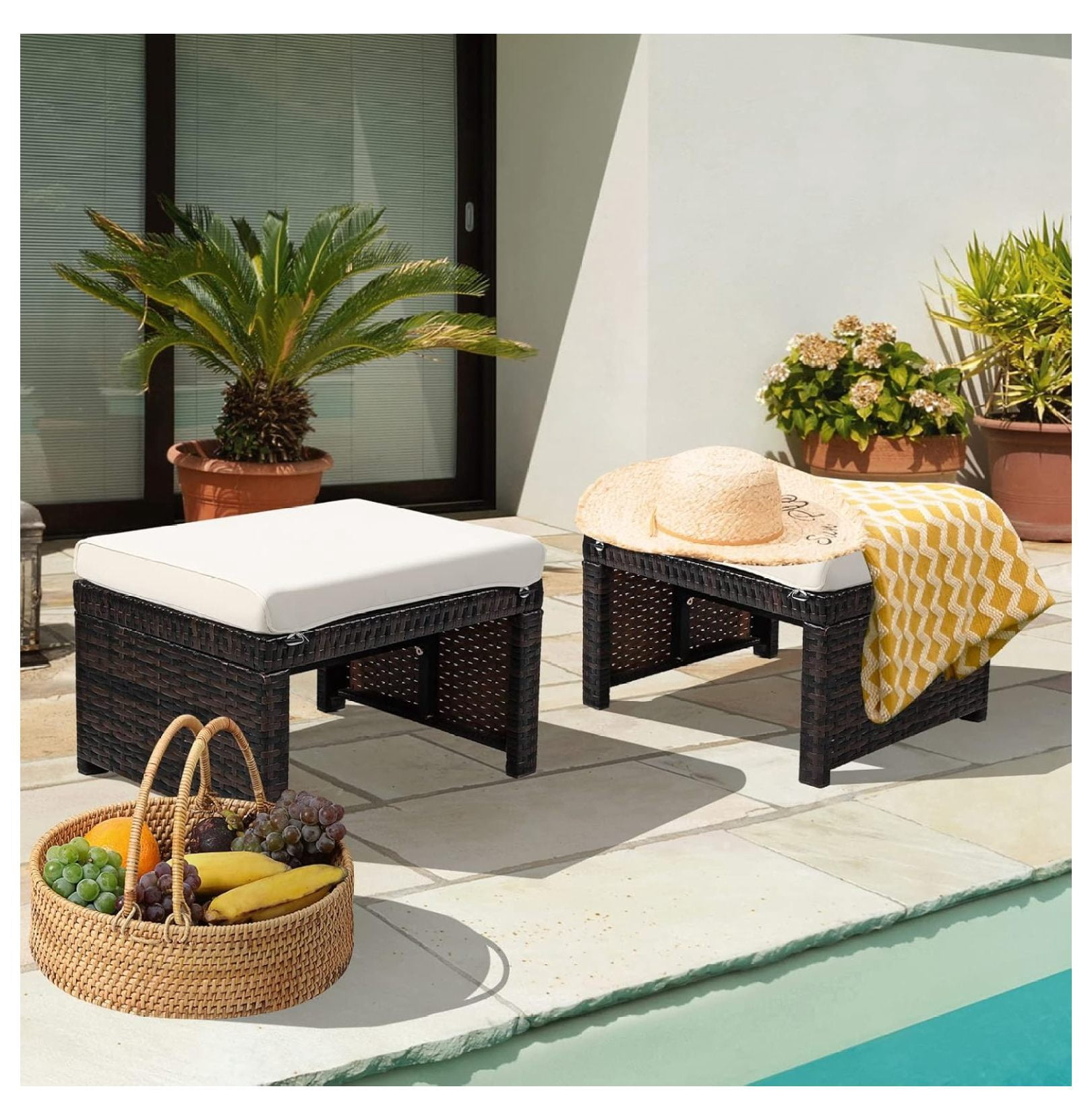 Outdoor Wicker Ottomans with Cushions, Steel Frame Patio Rattan Footstool, 2-Piece