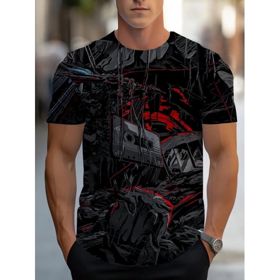 Men's casual polyester printed T-shirt, black and red color scheme design, light and durable, suitable for outdoor activities, fitness or daily wear, adult comfort version, home
