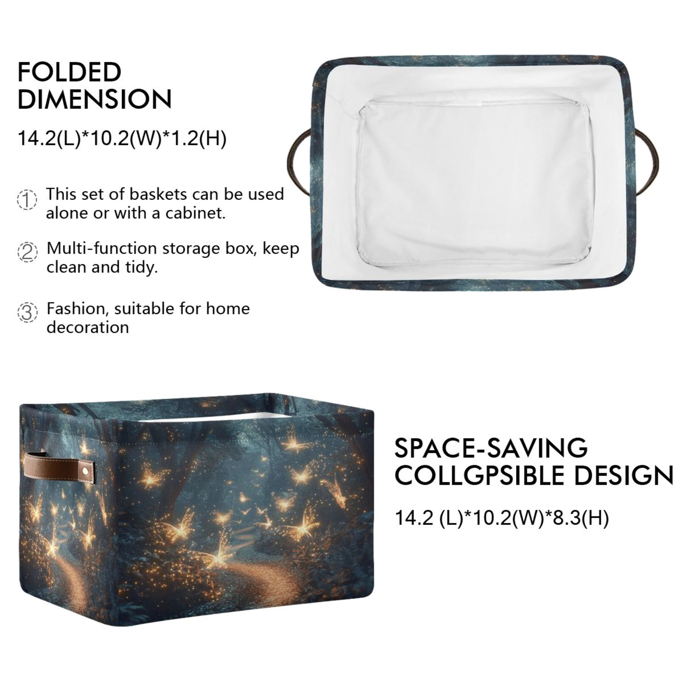 Fantasy Forest at Night Foldable Storage Basket,Canvas Fabric Foldable Storage Bins with Handles Open Home Storage Bins Boxes for Toy Book Shelf Closet Baskets