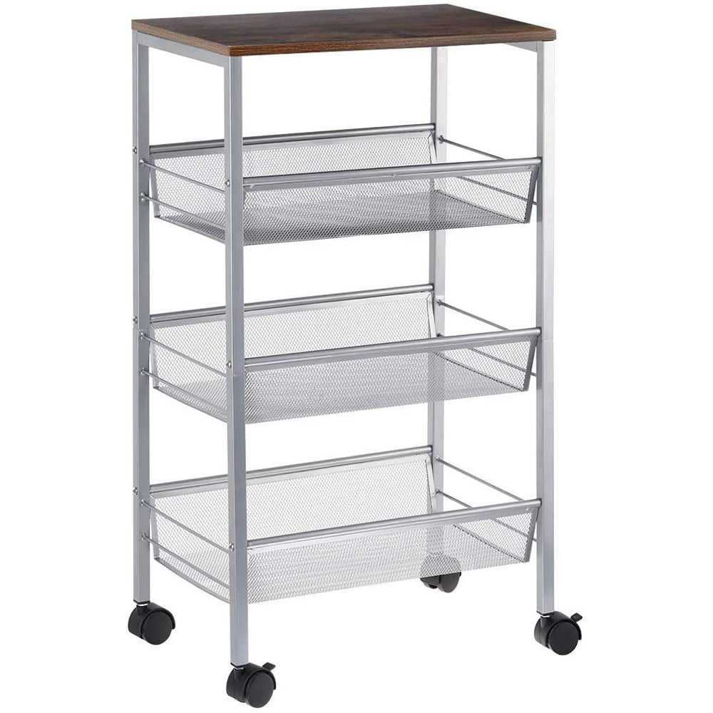 Rustic Kitchen Cart on Wheels, 3Tier Wire Storage Cart, MDF Wood Top and Metal Frame, Silver