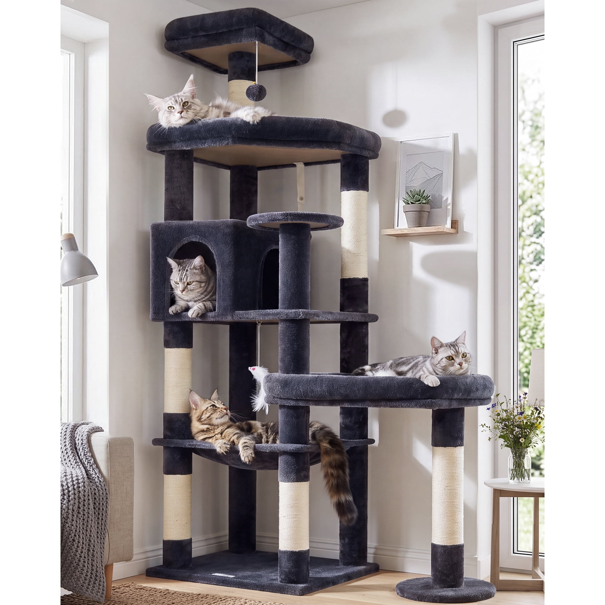 Globlazer 65in Sturdy Cat Tree Tower for Indoor Large Cats, S65, Dark Grey