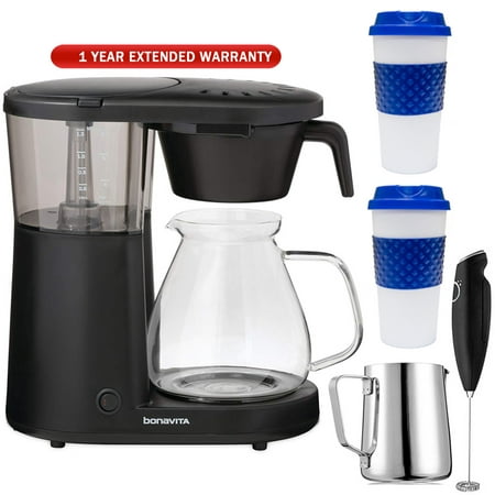 Bonavita Metropolitan One-Touch Coffee Brewer Black (BV1901PW) with Extended Warranty, 2x Reusable To Go Mug, Milk Frothing Pitcher & Milk Frother Handheld Electric Foam