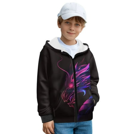 Psesaysky Zip Up Hoodies for Boys Purple Dragon Printed Polyester Cozy Winter Jacket Sweatshirts Hooded for Toddler Kids Size XL