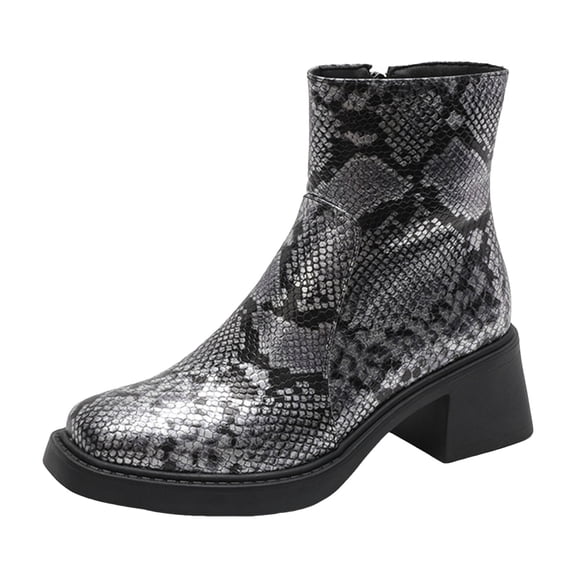 YLYL Women's Ankle Boots Chunky Mid Heel Square Toe Snake Print Side Zipper Fashion Dressy Shoes