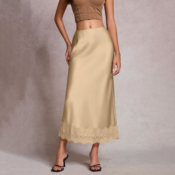 Ladies Satin Maxi Skirt Lace Patchwork High Waist Elegant A-Line Flowy Skirt for Formal Events XL