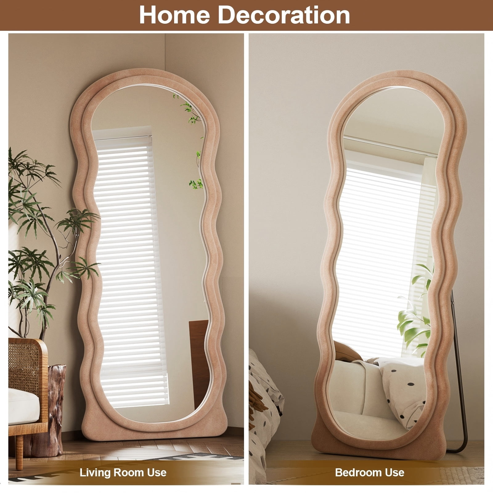 Easy4Home 63"x24" Arched Full Length Mirror with Wavy Flannel Frame Freestanding Decorative Round Edge Floor Mirror, Milk Tea