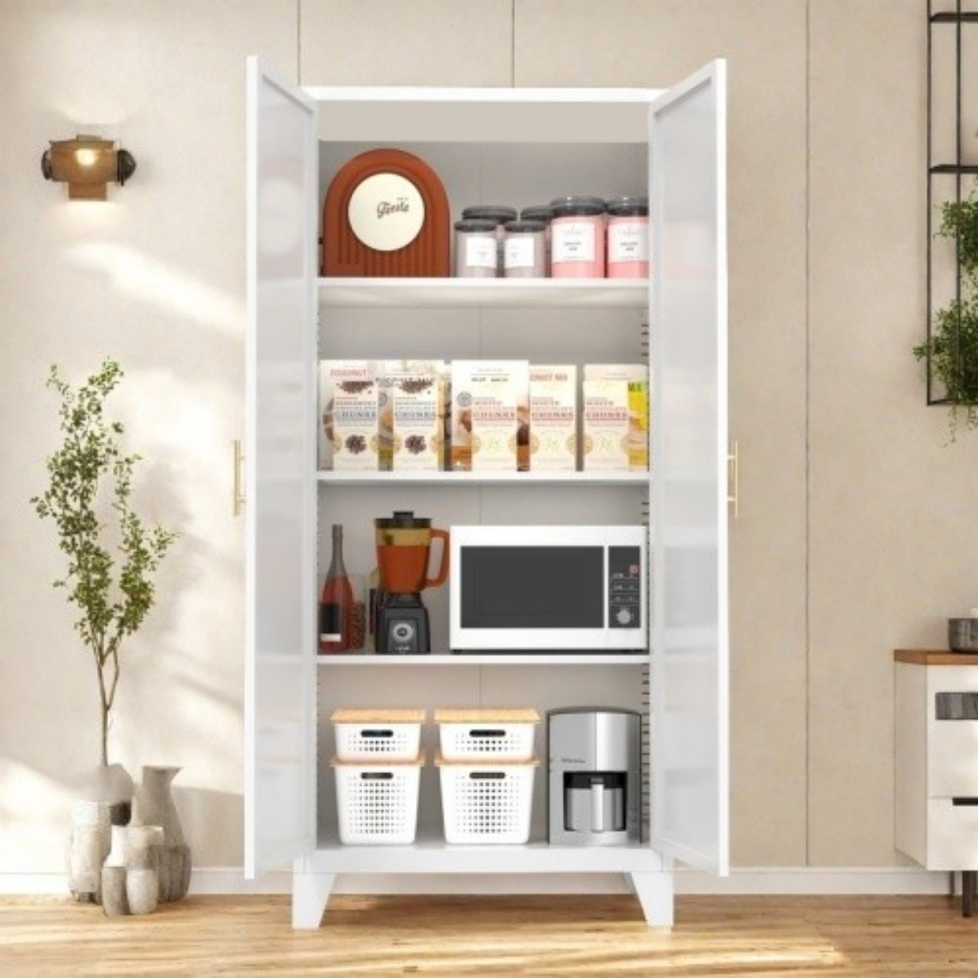 61" Metal Storage Cabinet with Adjustable Shelves, Tall Steel Storage Cabinet with Doors for Bedroom, Kitchen, Office, White