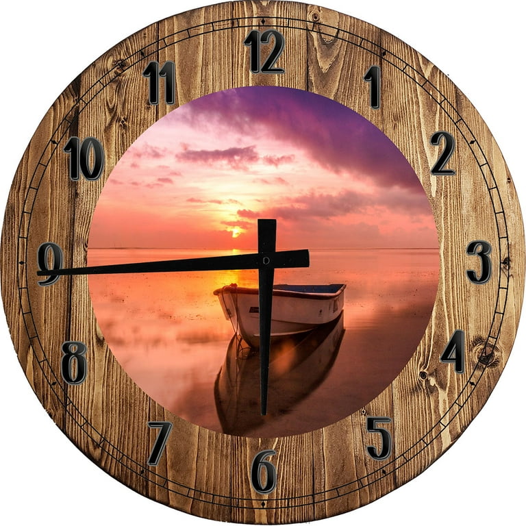 Wood Wall Clock 18 Inch Round Rowboat Fishing Sunset Wall Art Nautical  Round Small Battery Operated 
