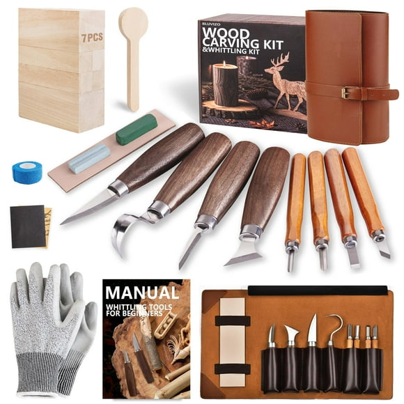 Kit de tallado en madera Bluvizo Deluxe con funda de piel 25 en 1