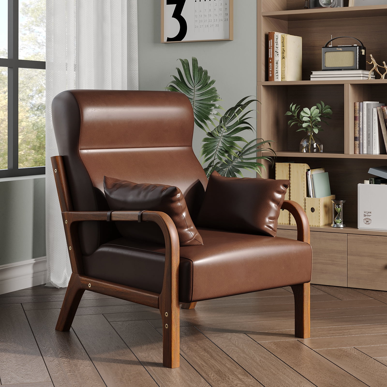 Bestier Mid-Century Modern Accent Chair with Solid Wood Frame & Pillows, 37" Upholstered Reading Lounge Chair for Living Room, Bedroom, Brown PU Leather