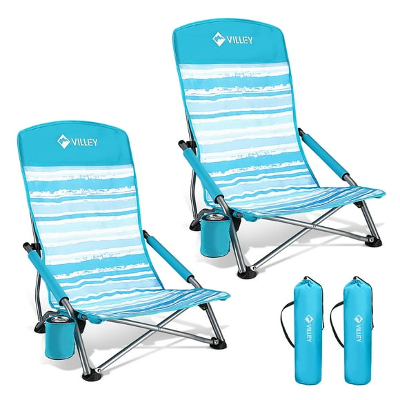 VILLEY Chaises de Plage Basses pour Adultes, Lot de 2, Chaises de Plage Pliantes à Dossier Haut, Légères et Portatives pour l'Extérieur, Plage, Camping, Pelouse, Festival de Musique, avec Porte-Gobelet et Sac de Transport - Rayures Bleues