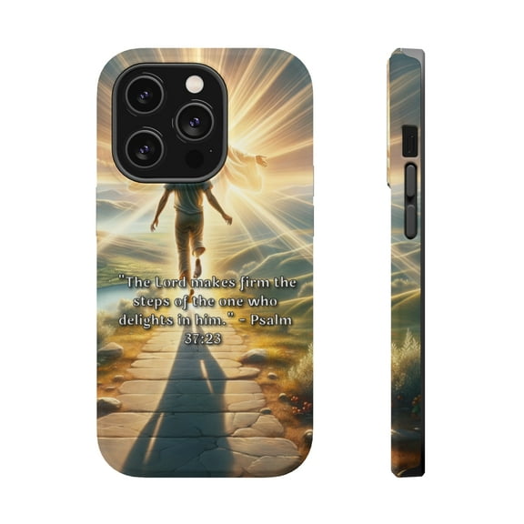 DistinctInk Tough Case for Apple iPhone 14 PRO (6.1" Screen), Compatible with MagSafe Charging - "The Lord Makes Firm: Psalm 37:23 Encourages Delightful Steps"