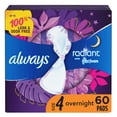 thumbnail image 1 of Almohadillas femeninas Always Radiant Overnight, tamaño 4, con alas de 60 quilates, 1 of 7