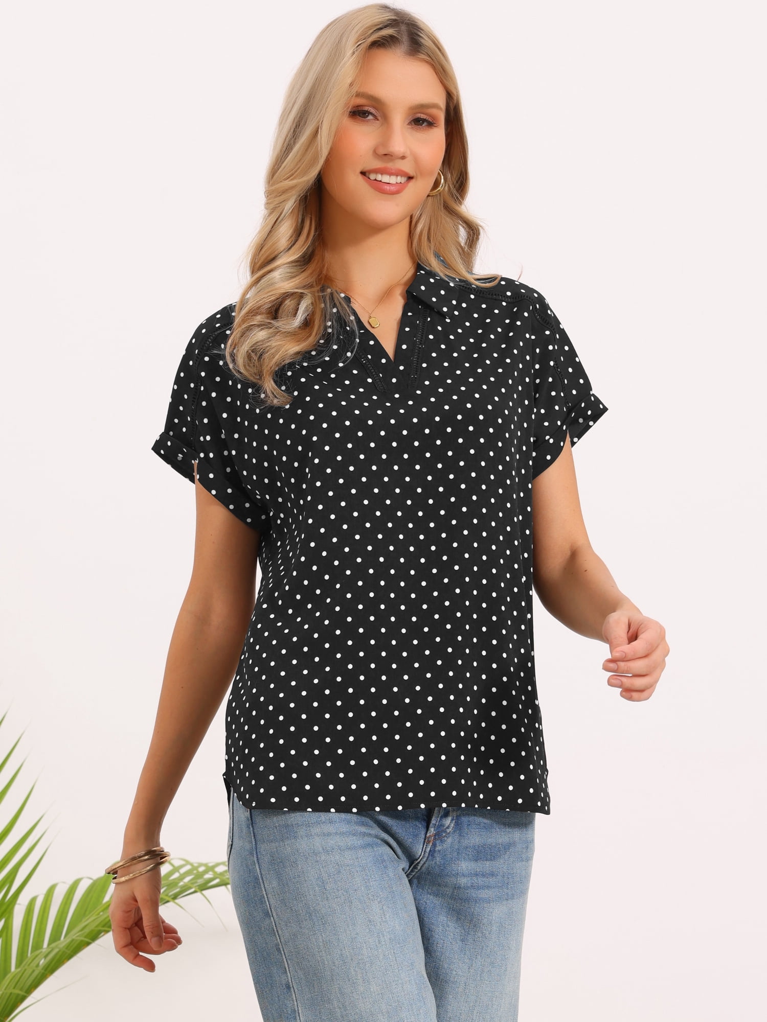 DARING DIVA Women's Polka Dots Blouse Short Sleeve Collar V Neck Work Office Top XL Black