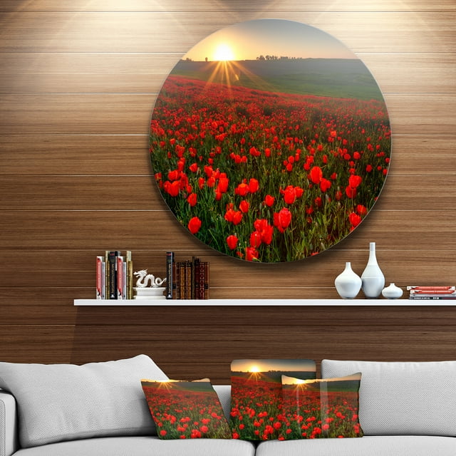 Designart - Sunset over Garden with Red Poppies' Floral Metal Circle Wall Art