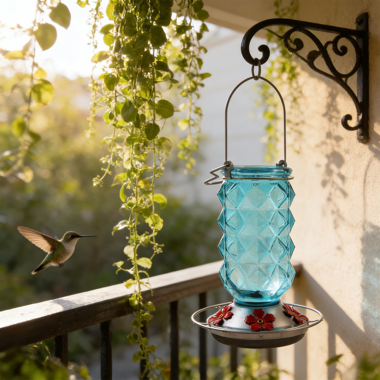BZPIZ Hummingbird Feeders for Outdoors, Hanging Glass Bowl Hummingbird Feeder with Flower Shaped Feeding Ports, Bird Baths for Hummingbirds, Garden Patio Backyard Lawn Decor Blue