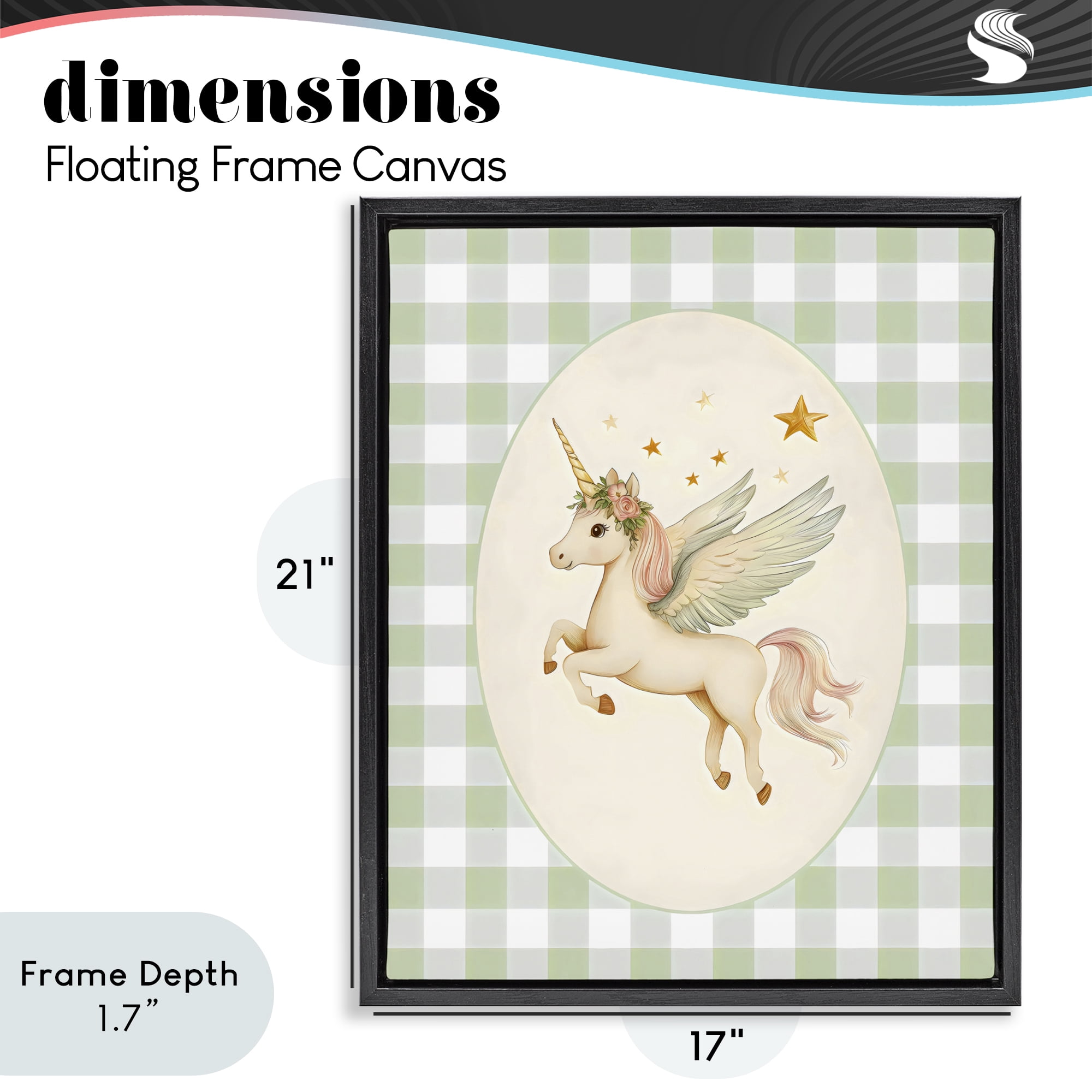 Stupell Industries Winged Unicorn over Green Gingham Black Framed Floater Canvas Wall Art, design by Arlington Prints