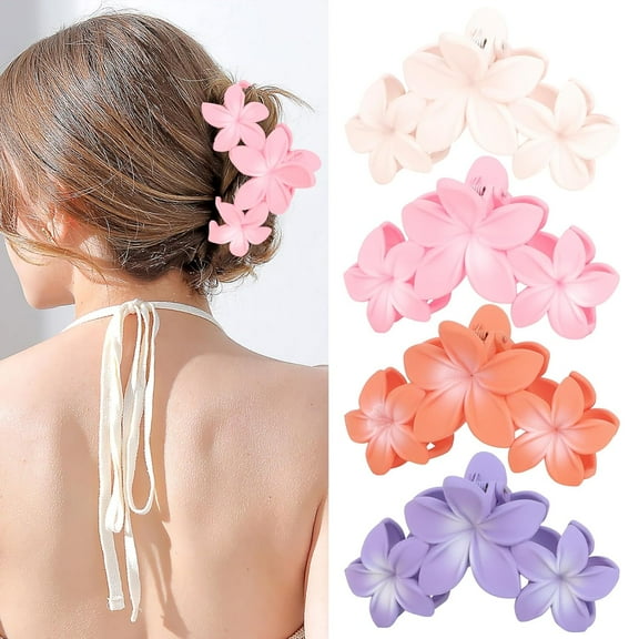 4PCS Flower Claw Hair Clips, Large Plumeria Hair Accessories for Women and Girls - Colorful Hawaiian Non-Slip Strong Hold Clips for Thick Hair