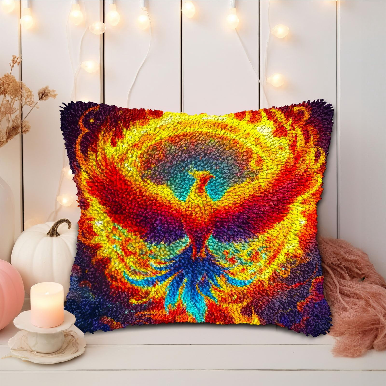DIY Latch Hook Pillow Kits Phoenix Flying Colorful Flames Printed Pillowcase Crochet Yarns Hooking Handmade Pillow Cover Cushion for Home Sofa Decoration 17x17inch-2