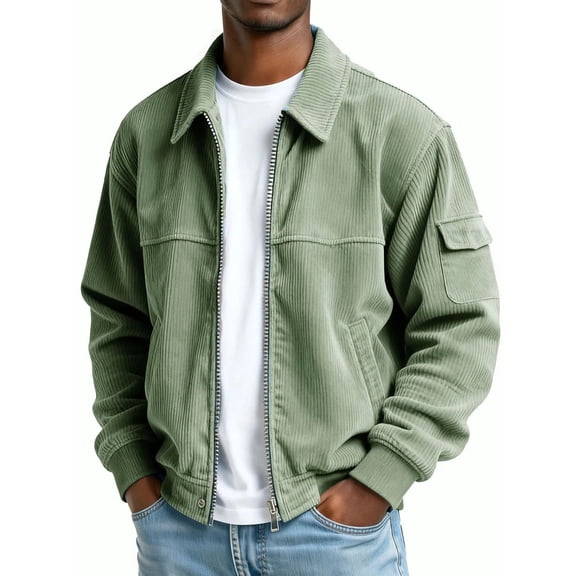 Men's Corduroy Jacket Long Sleeve Solid Lapel Collar Zip Up Lounge Cardigan Coat with Pockets Green 4XL