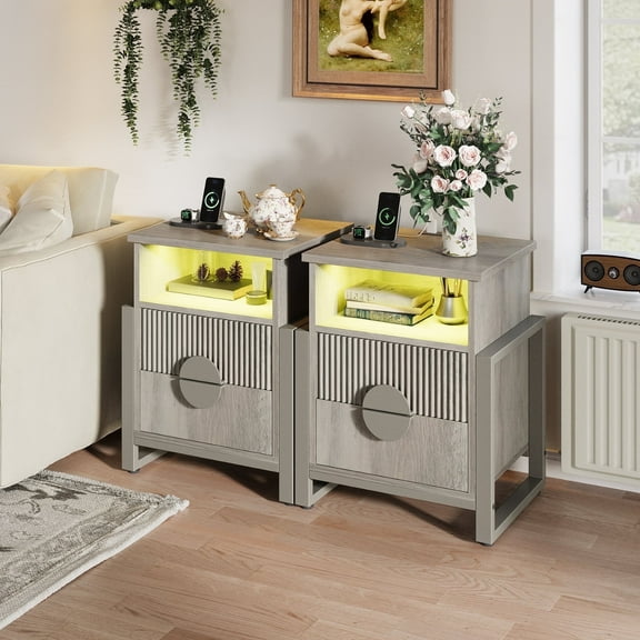 Holliwill Nightstand with Charging Station Set of 2, 2 Drawer Dresser for Bedroom with LED Light, Fluted Bedside Table End Table Side Table for Living Room, Gray