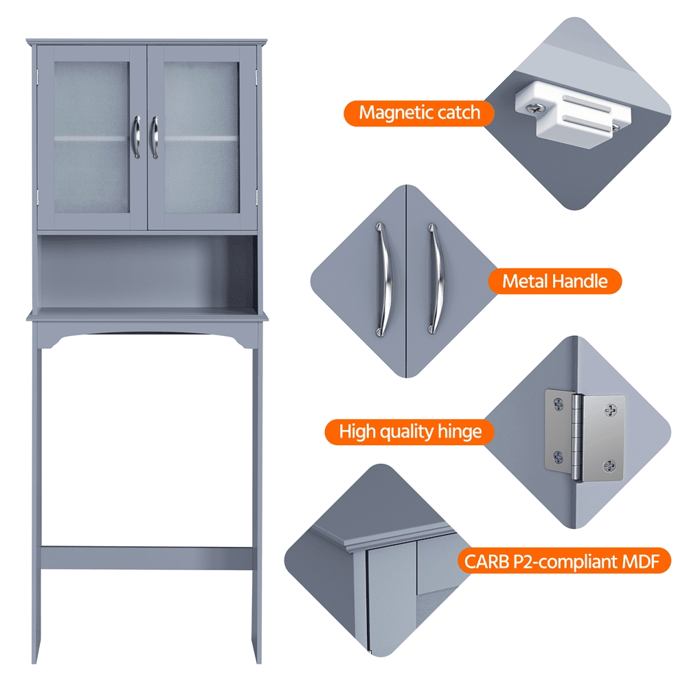 FullFurnique Freestanding Over-the-Toilet Storage Cabinet with 2 Tempered Glass Doors and 1 Open Shelf, Gray