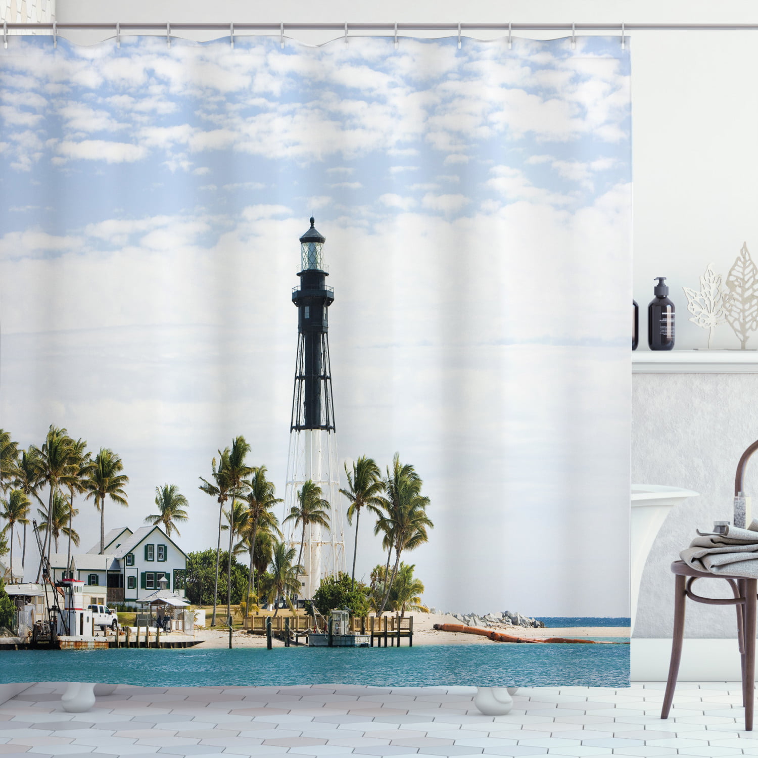 Waterproof Fabric Bathroom Set Seaside Lighthouse Shower Curtain Liner Hooks 