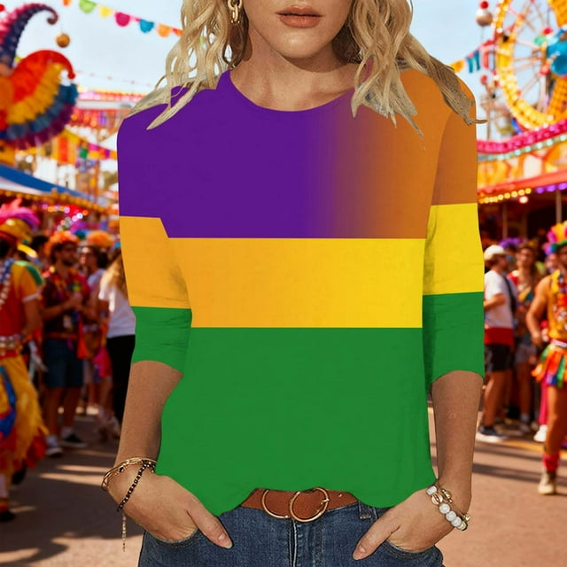Uootdi Mardi Gras 3/4 Sleeve Shirts for Women Round Neck Fancy Mask Printed Graphic Tops Carnival Party Tees Trendy Mardi Gras Blouse Gift