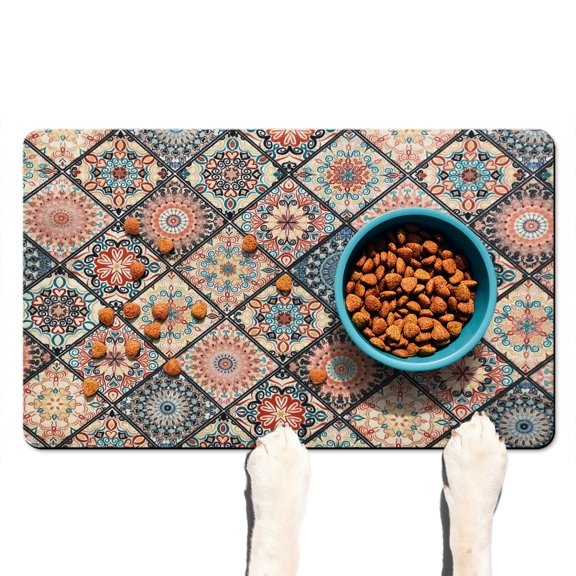 Boho Retro Floral Pet Feeding Mat-Abstract Art Pattern Absorbent Pet Placemat for Food and Water Bowl, with Waterproof Rubber Backing, Quick Dry Water Dispenser Mat for Dog and Cat (12"x20")