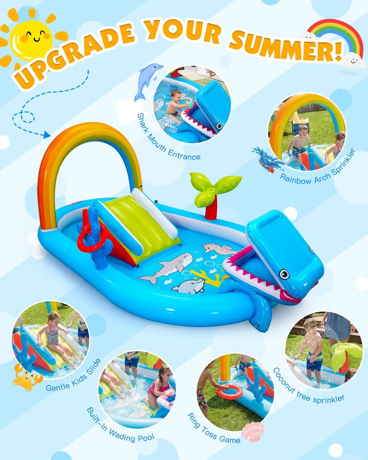 Inflatable Kids Play Center Outdoor/Indoor 98 × 64 × 39 in Kid Pool Slide, with Water Sprayer, Waterfall, and Ocean Ball, Multicolor (Without Blower)