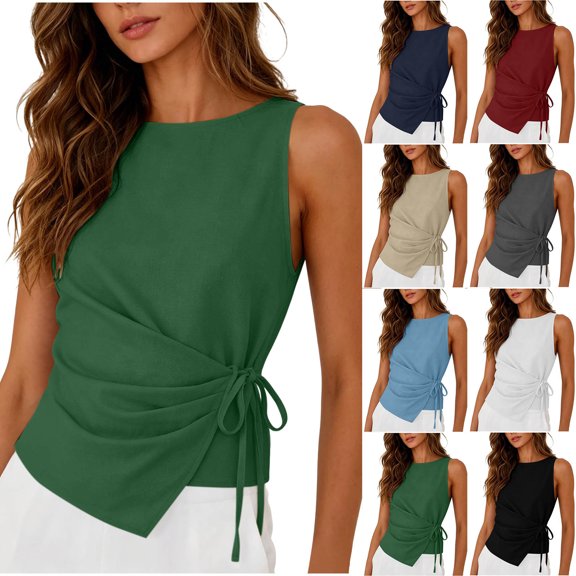 New Sleeveless Tops for Women Round Neck Tie Front Linen Tank Tops Fashion Versatile Summer Vacation Tanks Green XL