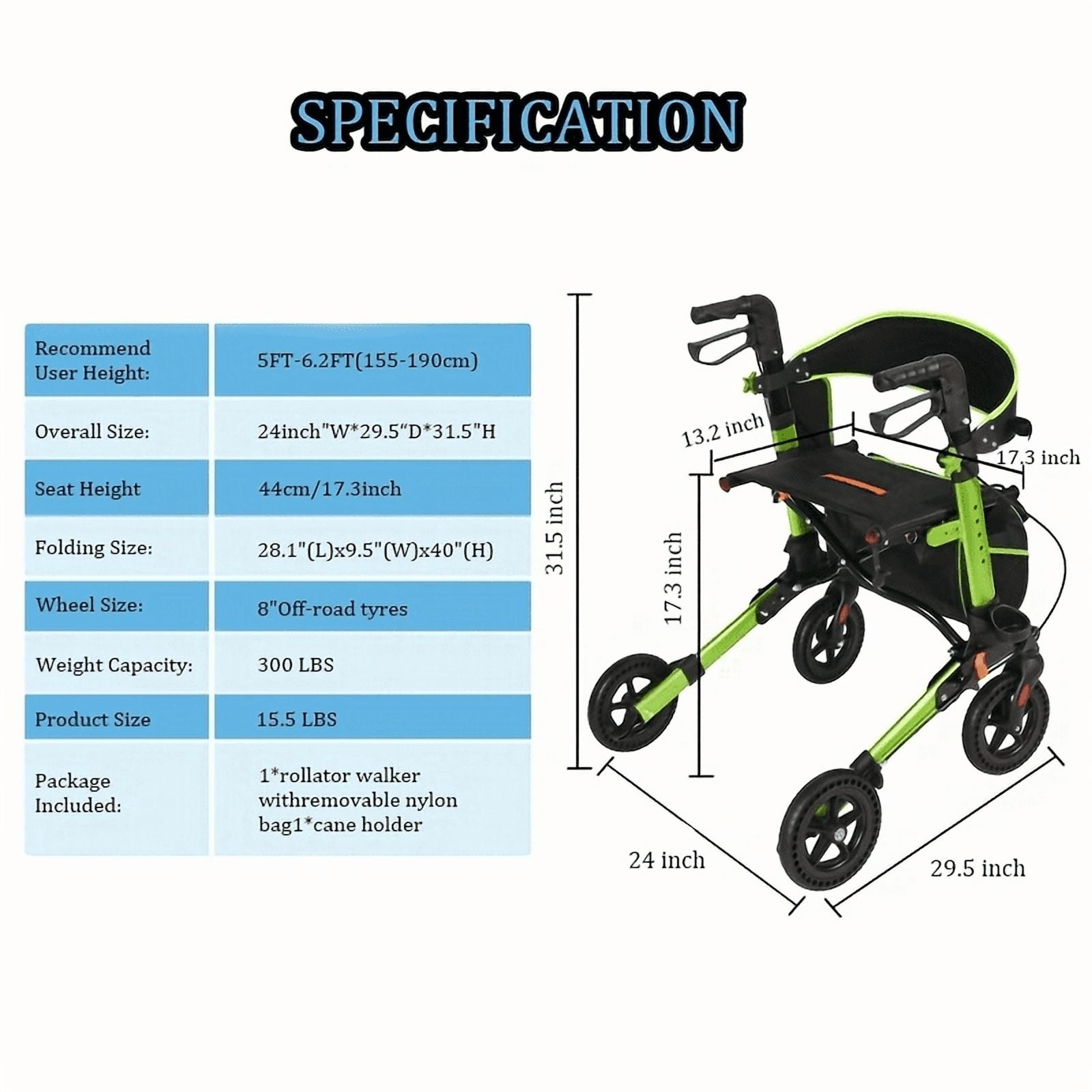 Aukfa Foldable Rollator Walkers with Seat,8" Big Wheels All Terrain Rolling Walker for Seniors,Green