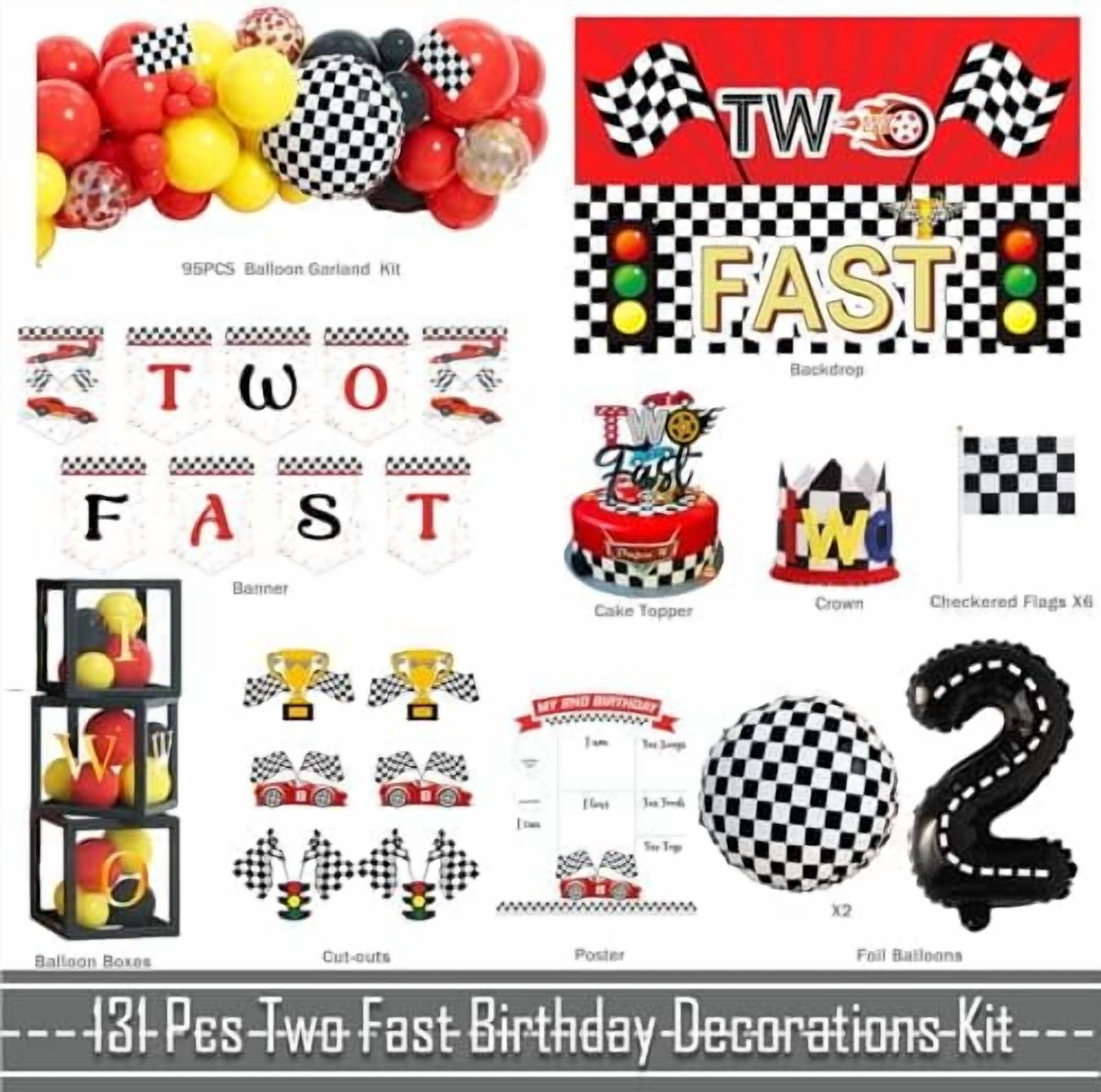 Two Fast Birthday Decorations – 131 PCs Race Car Themed Birthday Party Supplies with Two Fast Backdrop, Balloon Garland, Balloon Boxes, Number 2 Foil Balloon, Banner, Cake Topper, Poster