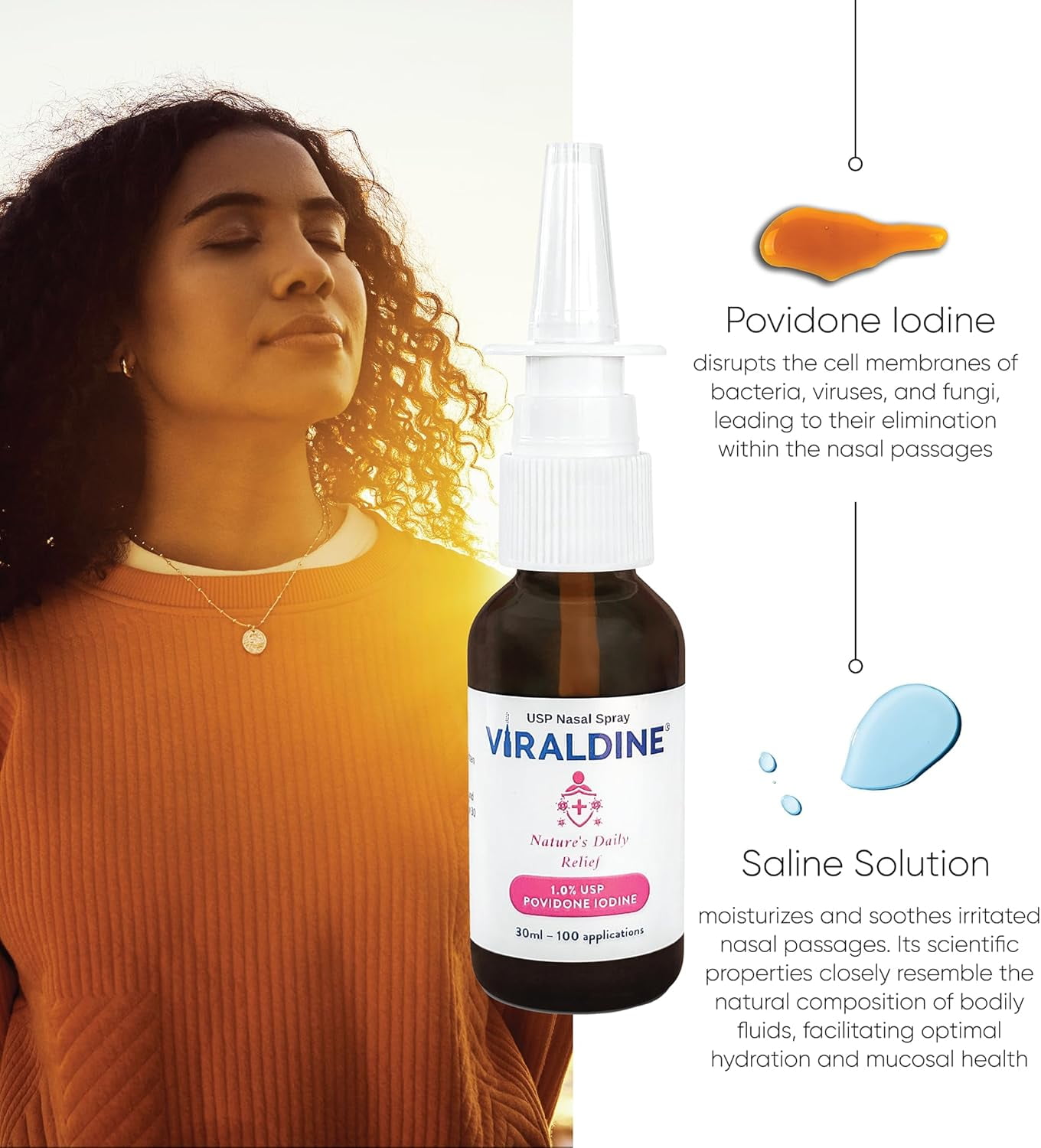 Viraldine 1% Povidone-Iodine Nasal Spray for Daily Congestion Relief, 100 Sprays, 30ml