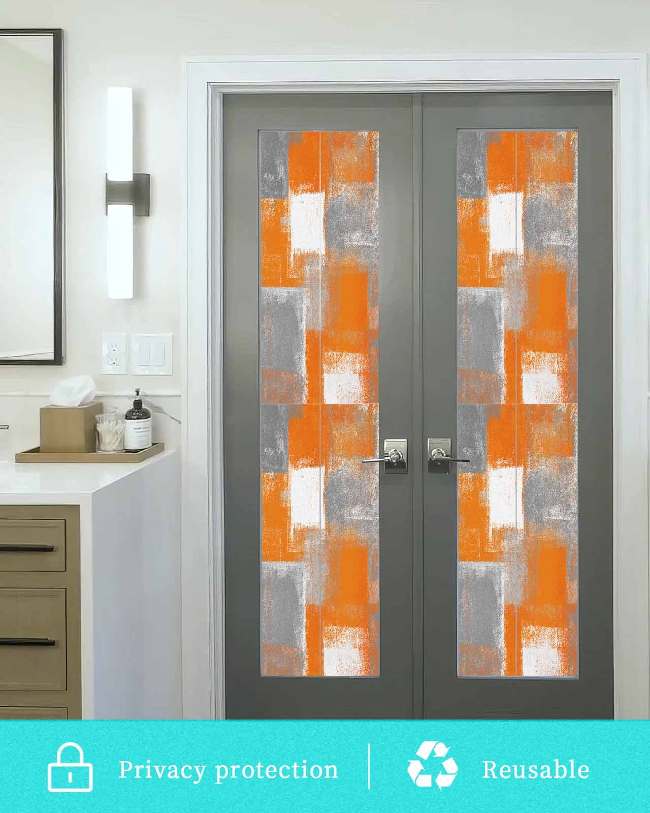 Window Privacy Film Burnt Orange Grey Stained Glass Window Film Decorative Sun Block Window Cover Modern Oil Painting White Geometric Window Clings Static Adhesive Sticker for Bathroom 17.7"x78.7"