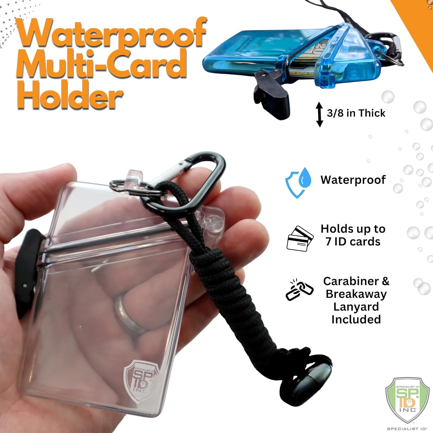 Waterproof ID Badge Holder with Lanyard & Clip - Money Holder for Swimming, Beach or Cruise - Clear Hard Plastic Water Proof Case for Key, Credit Cards & Travel by Specialist ID (Clear)