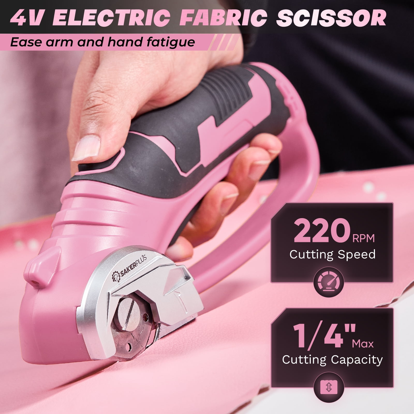 Saker 4V Cordless Electric Scissors, Cardboard Cutter with Safety Lock, LED Light, 220RPM Rotary Cutter for Cardboard, Fabric, Box, Leather, Pink