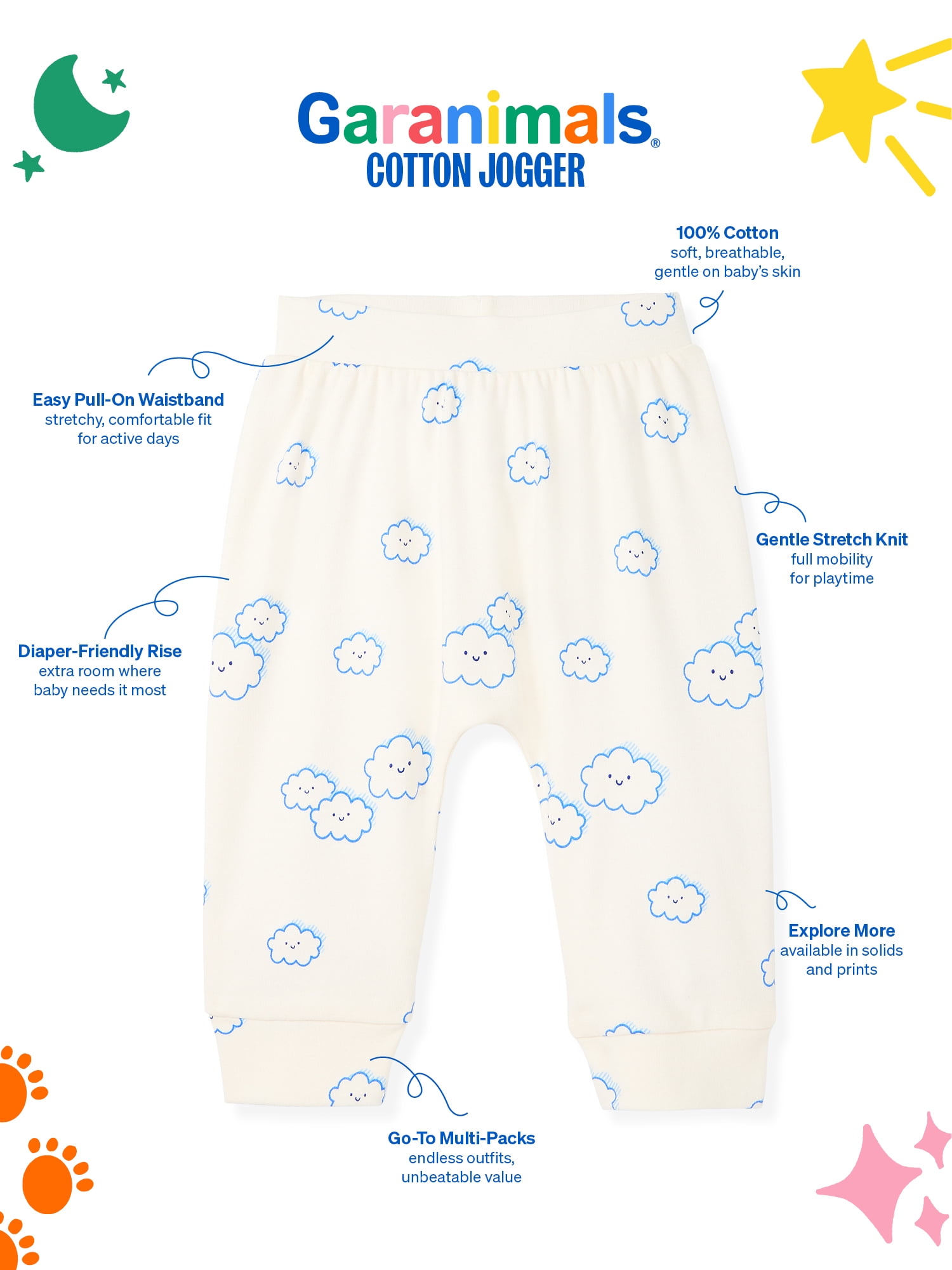 Garanimals Newborn & Baby Boy Cotton Pull-On Joggers, Solids & Prints, 4-Pack, Sizes 0 - 24M