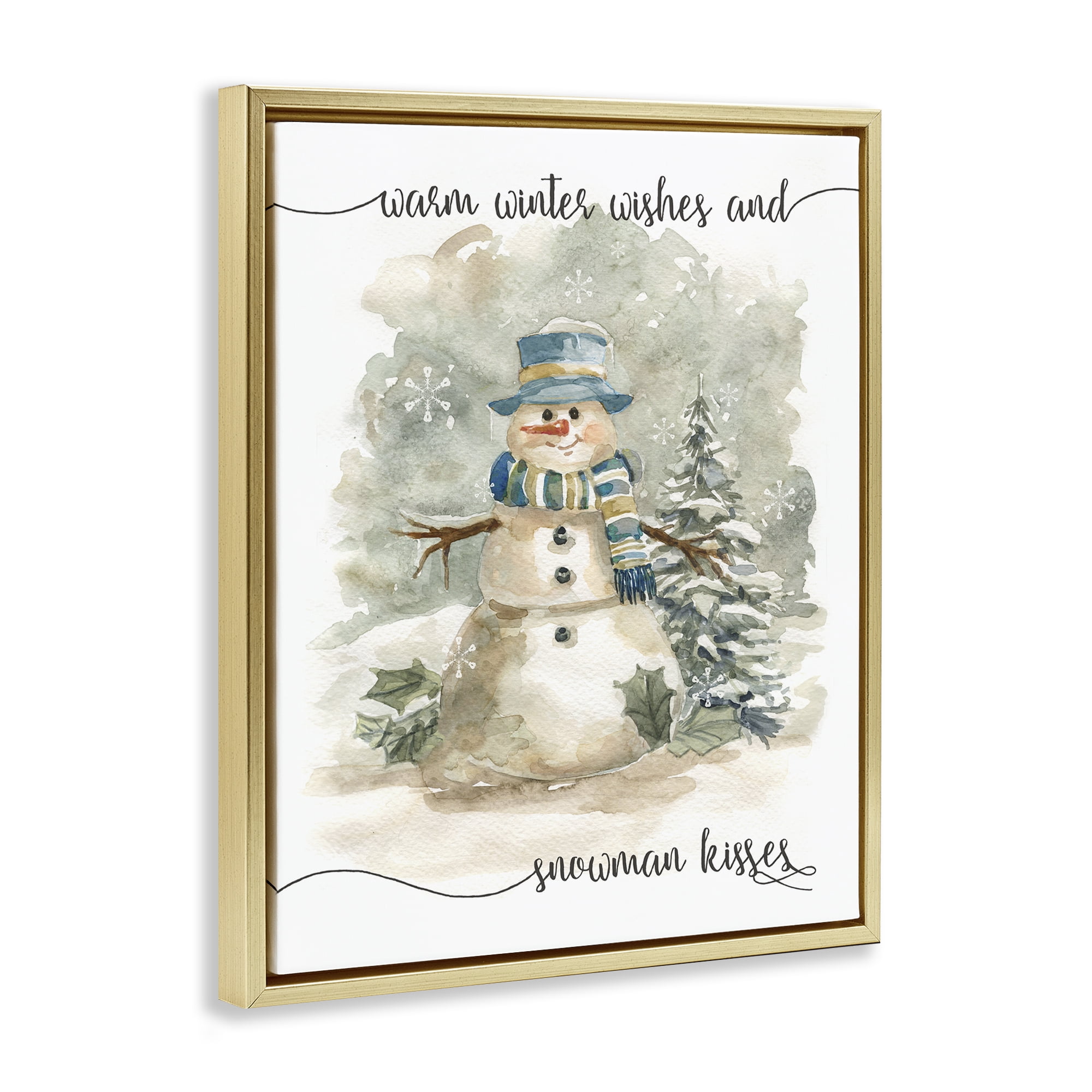 Stupell Industries Snowman Kisses Phrase Holiday Painting Gold Floater Framed Canvas Art Prints Wall Art, 25 x 31