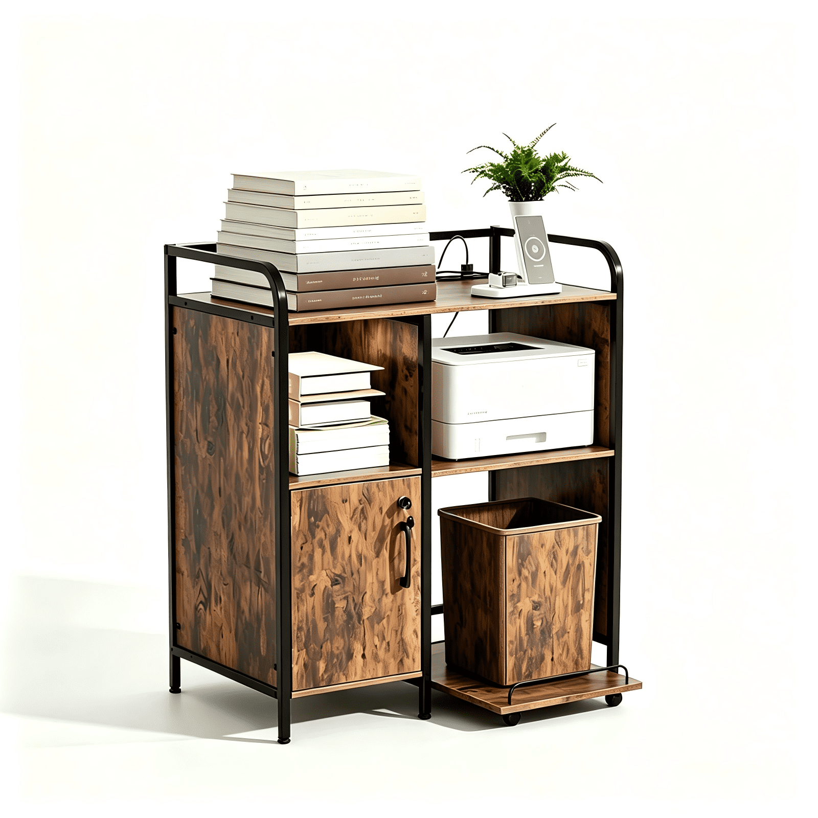 1 Cabinet Door 3-Layer Printer Rack P2 Particleboard + Iron Pipes & Melamine Veneer + Powder-Coated Storage Rack, 31.5*17.72*35.43in, Rotten Wood