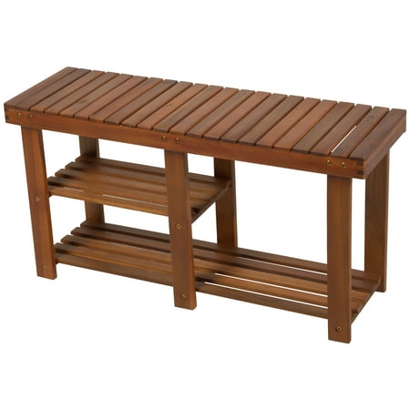 - HOMCOM 3-tier Acacia Wood Rustic Country Entryway Shoe Rack Bench with Boots Storage -Teak