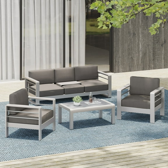 Gannon Outdoor 4 Piece Aluminum Chat Set with Cushions, Khaki